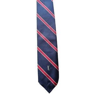 Yves Saint Laurent Sugnature Red Strap Navy Dark Blue Embroudered Logo Tie
